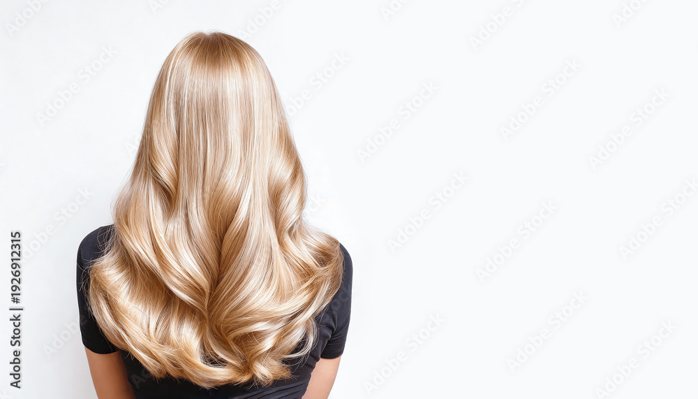 Naklejka premium Back view of a woman with long layered wavy blonde hair, wearing a beige knit sweater, isolated on a clean white studio background with copy space. Professional salon styling, glossy healthy hair text