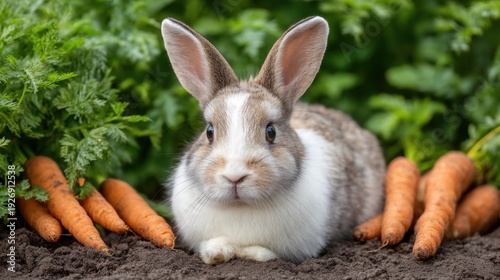 Adorable Rabbit Surrounded by Fresh Carrots in a Lush Garden Setting on a Bright Day