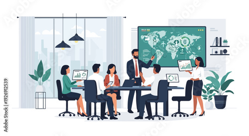 Business meeting with global map presentation.