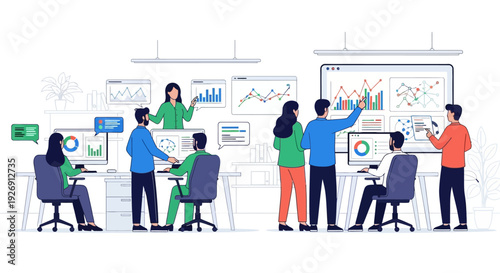 Business team analyzing financial data on screens.
