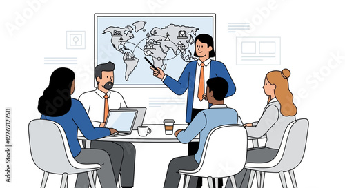 Business meeting with global strategy presentation.