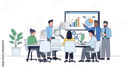 Business meeting with diverse team analyzing charts and data.