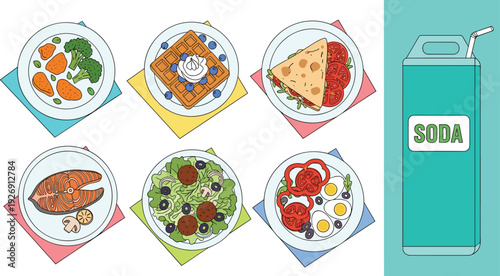 Healthy and Fast Food Dishes Vector Illustration Set with Salad Waffles Pizza Salmon Eggs and Soda Drink