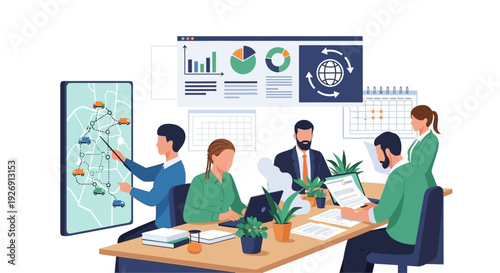 Business meeting with diverse team analyzing data on screen.