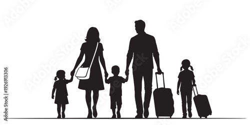 Silhouette of family traveling with kids and luggage for vacation