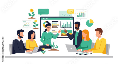 Business meeting with diverse team analyzing growth charts.