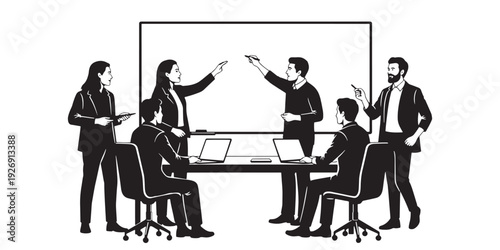 Corporate team meeting silhouette discussing business strategy on board