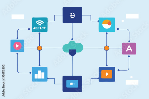Cloud based network connecting various digital icons for data sharing and service integration