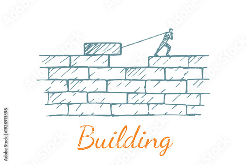 Building Sketch - Worker Pulling Block on Wall