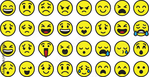 Yellow emoji icon vector illustration set with smiley faces showing happy, sad, and angry cartoon emotions