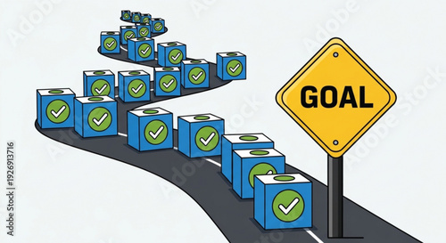 Blue boxes with green checkmarks on a winding road leading to a goal sign representing progress and achievement