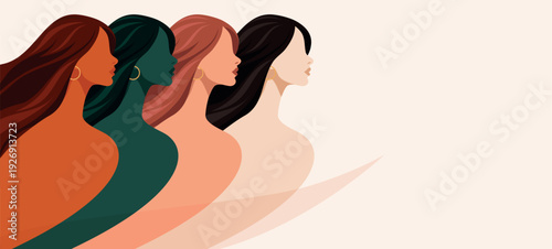 Women's Day, March 8, Equality Day. Vector silhouettes of different women ethnic groups, skin tones in profile. Diversity, unity, equality, women's empowerment. For posters, postcards, social networks
