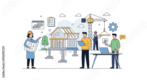 Construction Project Management Team Collaboration Illustration.