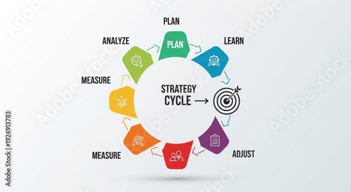 Business strategy cycle process diagram with plan analyze measure adjust learn and target icons in a circular flow