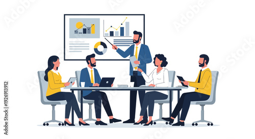 Business meeting with team presenting data on screen.