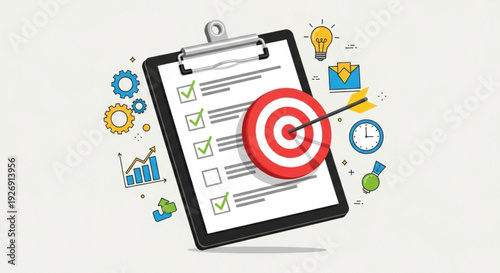 Clipboard with checklist and target hit by arrow surrounded by business icons for goals and strategy