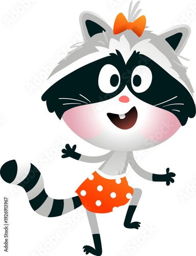 Happy cute girl raccoon wearing a skirt and bow, cheerful celebration cartoon. Raccoon baby animal character illustration for children. Vector animal character cartoon clipart for kids.
