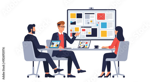 Business meeting with diverse team collaborating around a table.