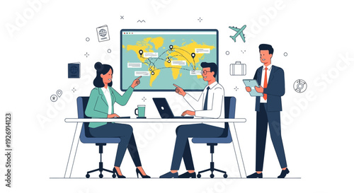 Business meeting with world map and travel planning.