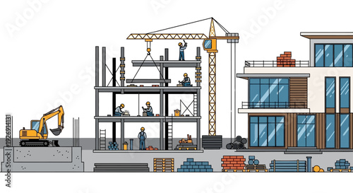 Construction Site Progress from Foundation to Modern Building.