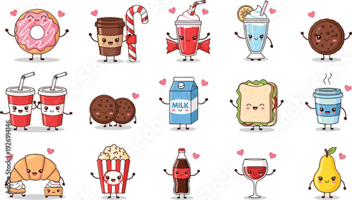 Cute Kawaii Food Characters Vector Set Featuring Donut Coffee Milkshake Sandwich Popcorn Soda and Sweet Snacks