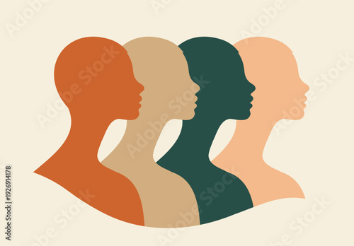 Women's Day, March 8th. Vector silhouettes of different women in profile. Elegant design. Symbol diversity, equality, unity, empowerment of women. Perfect for posters, postcards, social media, logos