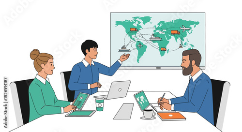 Business meeting with world map presentation.