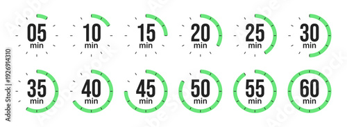 Countdown timer icons from 5 to 60 minutes for productivity