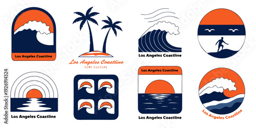 Surf Culture Badge SVG “Los Angeles Coastline” Set – Retro Coastal Vector Banner, Card, Flyer Design with Palm Silhouettes, Waves & Beach Lifestyle Aesthetic