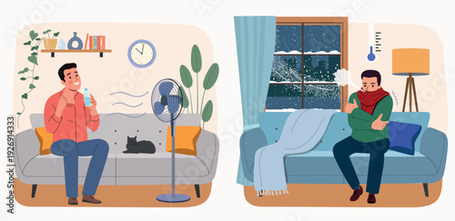 Man Feeling Heat and Freezing Temperature on the sofa, Climate and Temperature Difference Concept. Vector cartoon flat style illustration