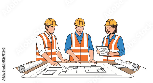 Construction team collaborating on blueprints at a table.