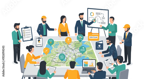 Business team collaborating on a strategic planning meeting around a large map table.