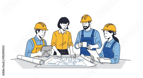 Construction team collaborating on blueprints at a table.