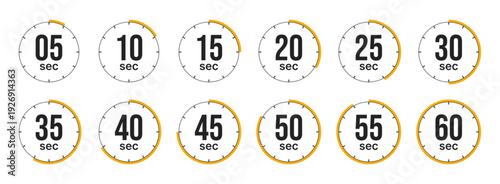 Countdown timer icons set from 5 to 60 seconds for time management