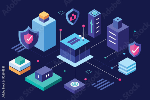 Secure server network architecture with data protection shields for cybersecurity concept