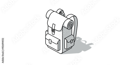 hiking backpack with rolled sleeping mat outline style hand drawn camping equipment