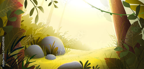 Colorful woodland empty clearing with rocks on grass lit with sunlight rays in summer. Warm magical woodland environment, peaceful scenery for kids. Vector cartoon background for children fairytale.