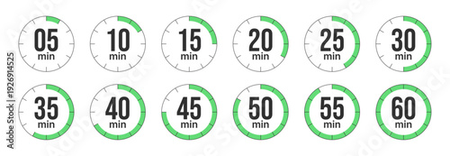 Circular timer icons showing 5 to 60 minute intervals for countdown