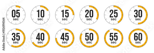 Timer icons set showing 5 to 60 seconds intervals for UI design