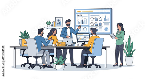 Business meeting with diverse team collaborating in modern office.