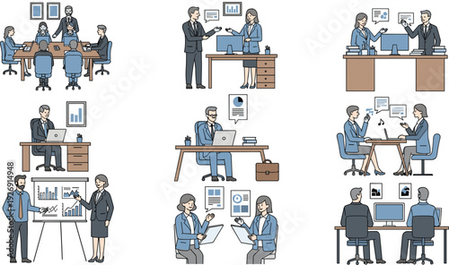 Business Meeting and Office Work Scenes Vector Illustration Set with Team Presentation Discussion Analysis and Corporate Workflow