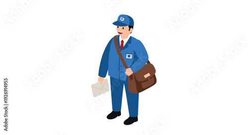 smiling mailman holding envelope and wearing blue uniform with satchel isometric vector illustration