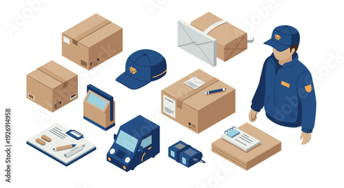isometric delivery courier and postal service elements including boxes packages clipboard vehicle and uniform in modern vector style