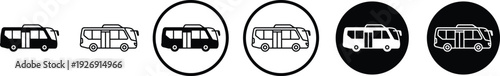 A series of five black and white icons depicting a bus within various oval shapes and sizes on a white background