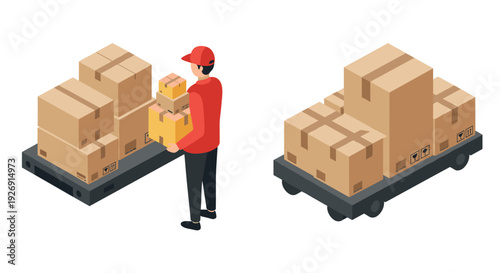 isometric delivery worker holding stacked boxes near hand truck with cargo in flat style