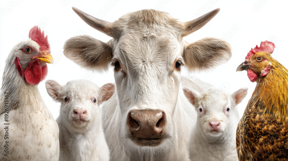 Fototapeta premium Farm animal cow goat lamb chicken rooster white background livestock rural agriculture domestic mammal bird horn fur feather beak ear eye nose
