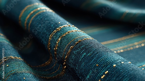 Intricate Emerald Textile with Golden Circular Patterns in Soft Lighting with Fluid Texture