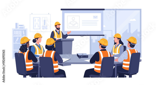 Construction Team Training Session in Meeting Room.