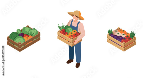 farmer holding crate with fresh vegetables and two crates full of assorted vegetables isometric hand drawn illustration for agriculture and healthy food