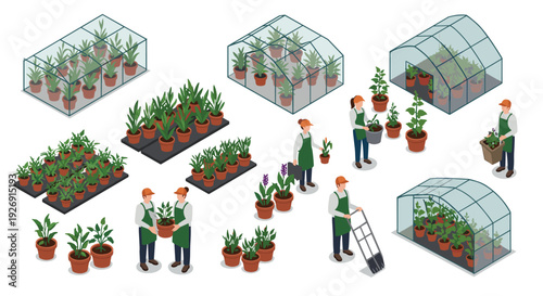 isometric greenhouse plant growing set with gardeners carrying potted plants and various plant arrangements in hand drawn style for gardening and agriculture
